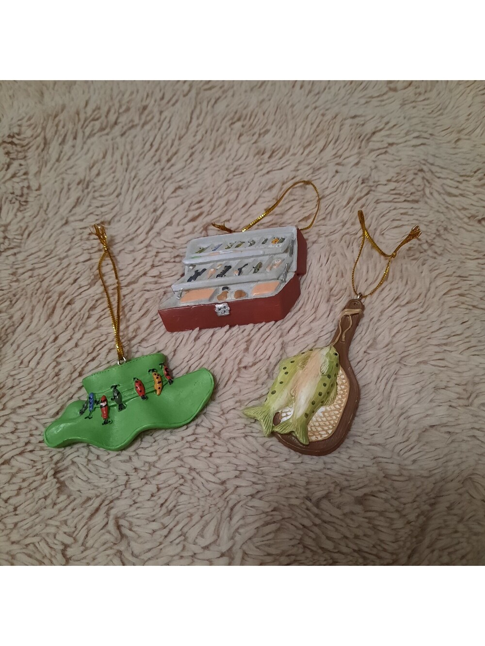 Lot Of 3 Miniature Trout Fly Fishing Fish Net  Christmas Ornament  Resin 2-3"